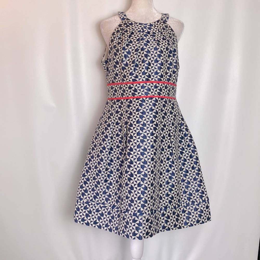 ELIZA J NAVY WHITE GEO PRINT FIT&FLARE SLEEVELESS DRESS EXCELLENT CONDITION 10P